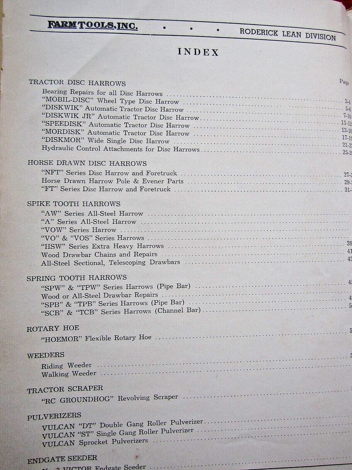 1952 FARM TOOLS, INC HORSE DRAWN FARM IMPLEMENTS 70+ PAGE PARTS CATALOG MANUAL