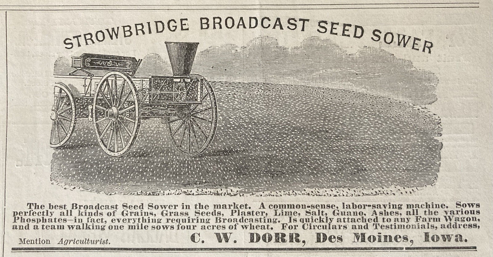 1882 AD.(XH84)~C.W. DORR CO. DES MOINES, IOWA. STROWBRIDGE BROADCAST SEED SOWER