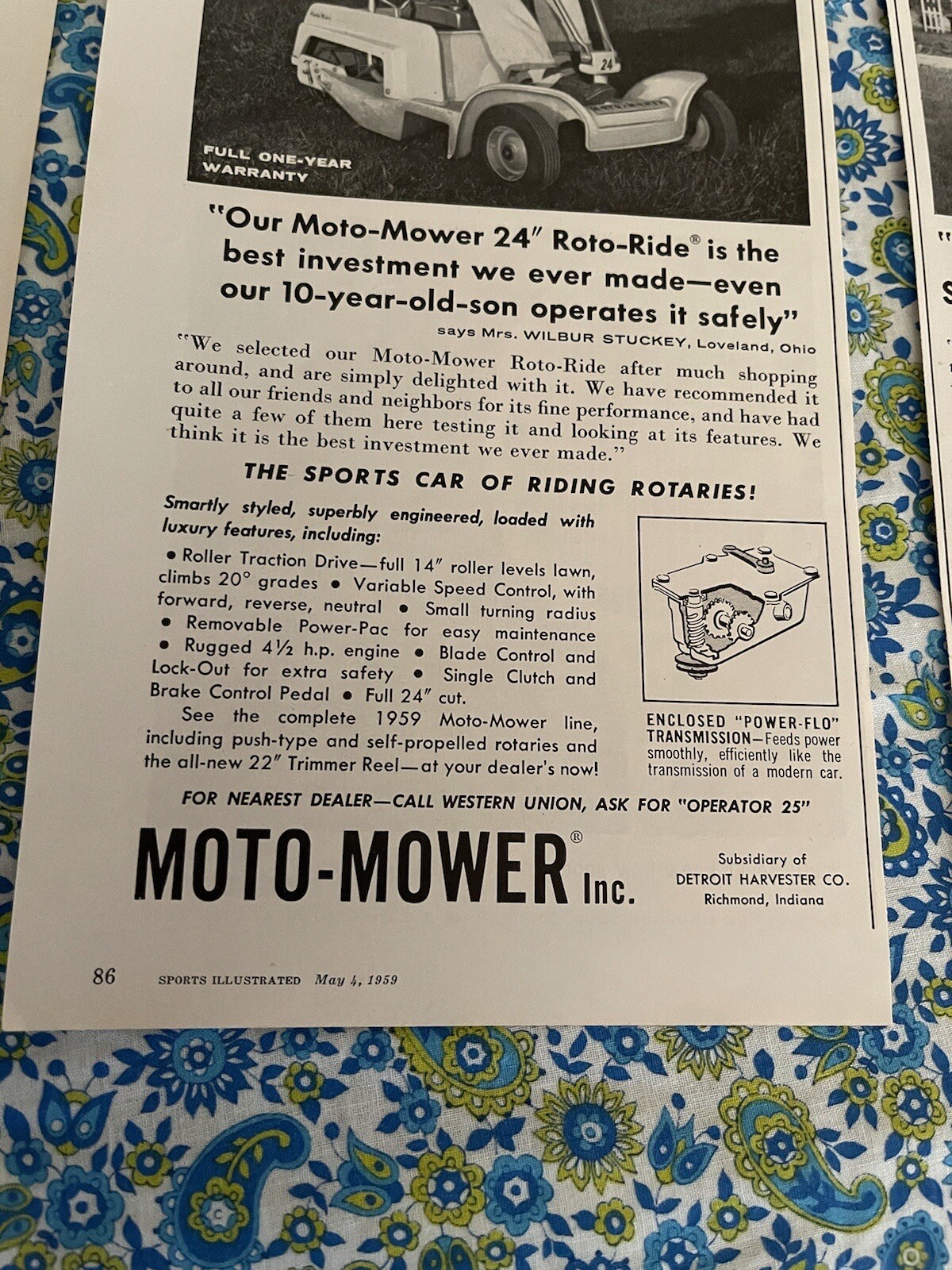 (3) Vintage 1959 Moto Mower Lawn Mower Print Ad Qty 3