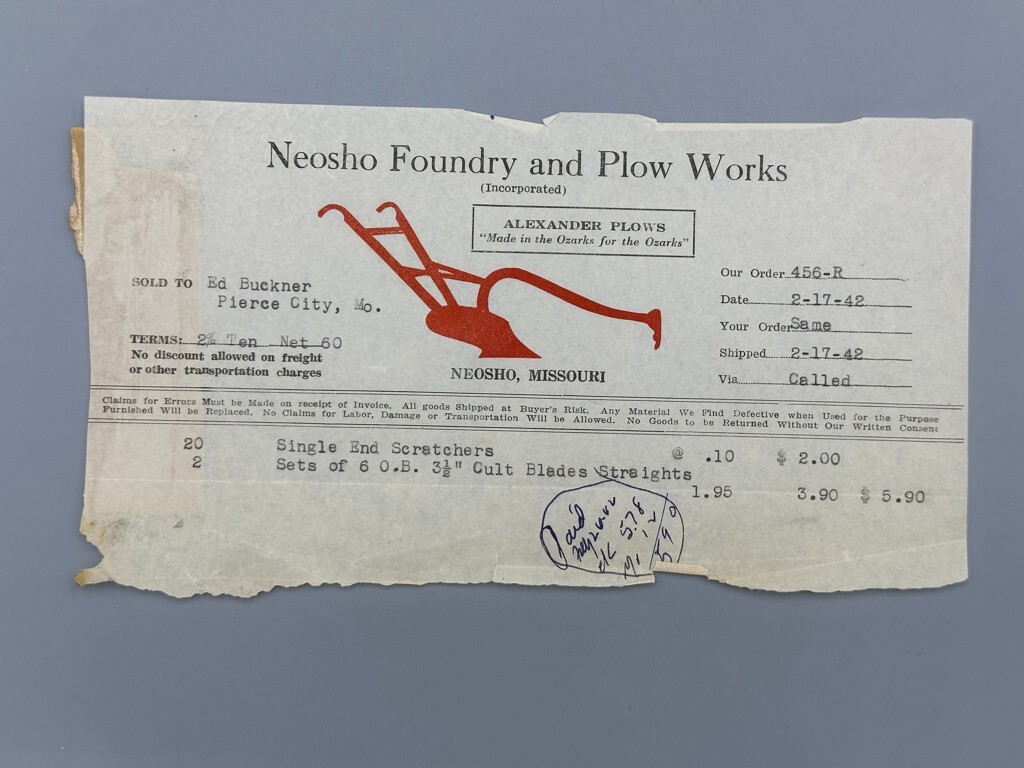 1926 & 1942 NEOSHO Foundry PLOW WORKS Farm Advertising Invoice Missouri