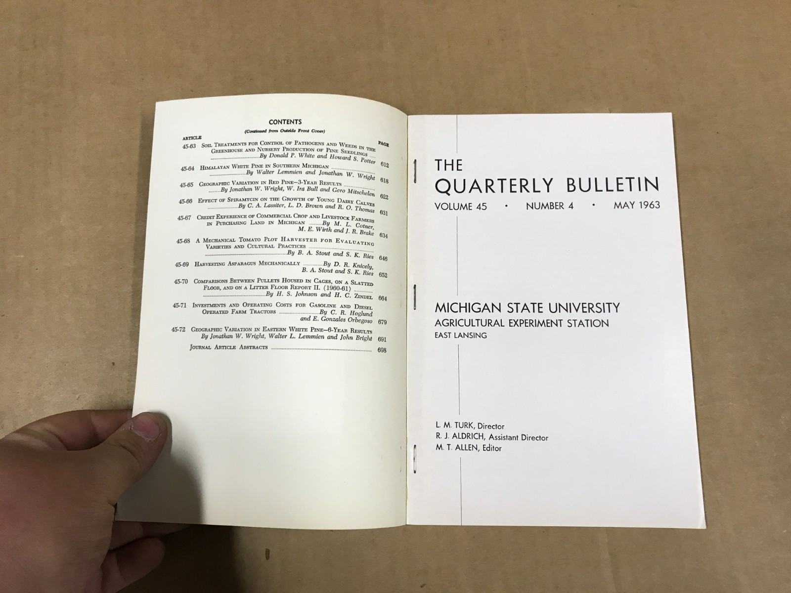 VTG Michigan State Agriculture Quarterly Bulletin – Vol. 45 No.4 – May 1963