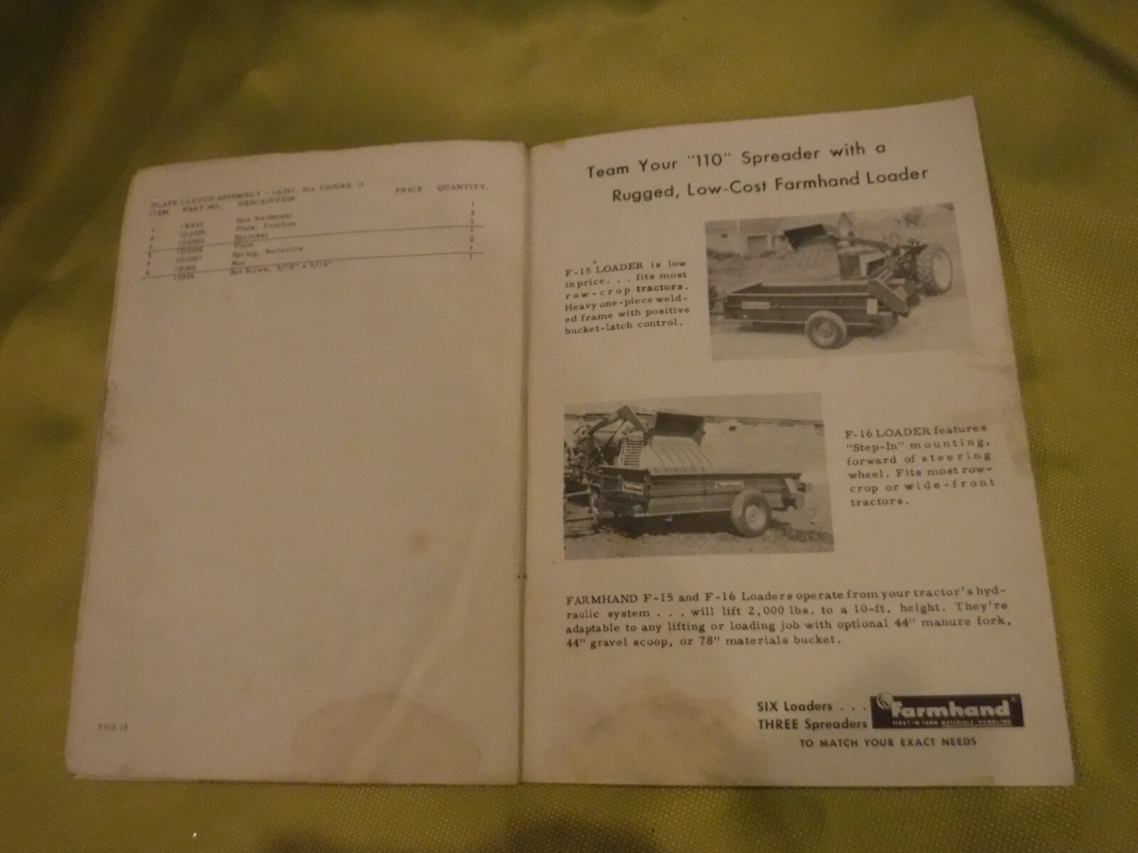 FARMHAND PARTS LIST & ASSEMBLY INSTRUCTIONS 110 SPREADER MODEL F37-C – 1961 VINT