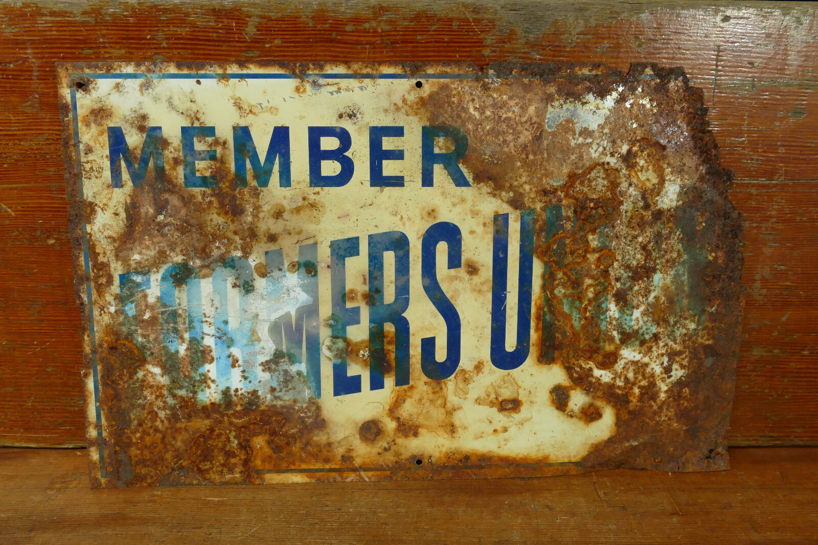 Vintage 1950s Farmers Union Member Rustic Barn Hanger Metal Advertising Sign