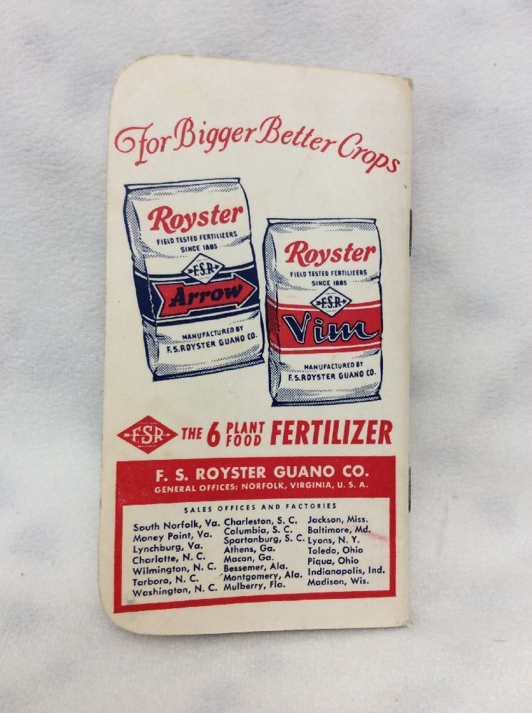 VINTAGE 1959 F.S. ROYSTER FERTILIZERS -Farmer&rsquo;s Note Pad w/Calendars