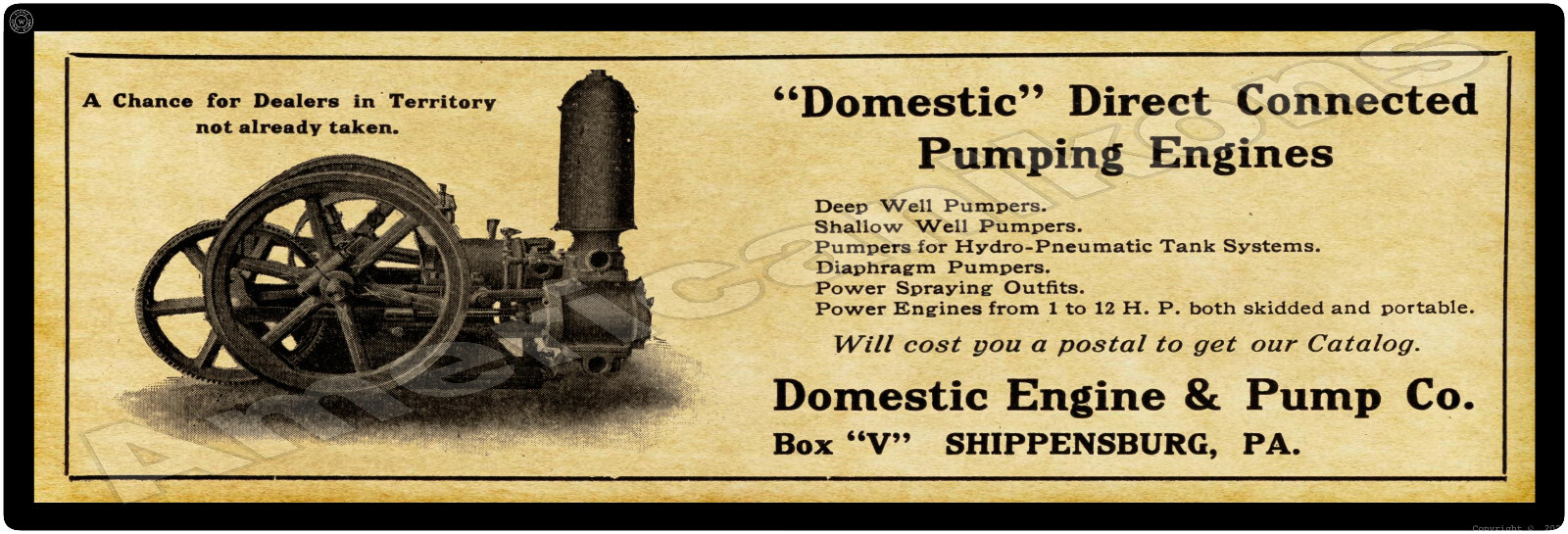 1912 Domestic Engine & Pump Co. New Metal Sign: Shippensburg, Pennsylvania
