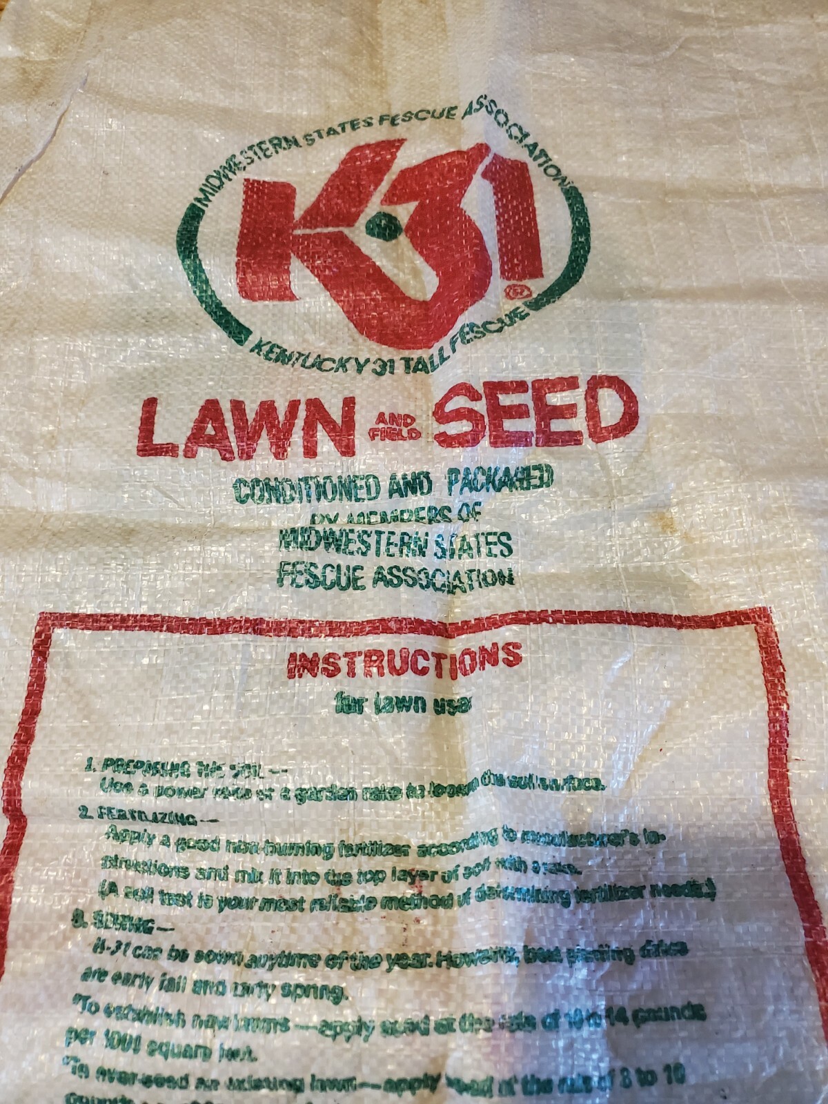 Vintage Kentucky 31 Tall Fescue Grass Seed Bag Sack ONLY 36&Prime;x20&Prime;