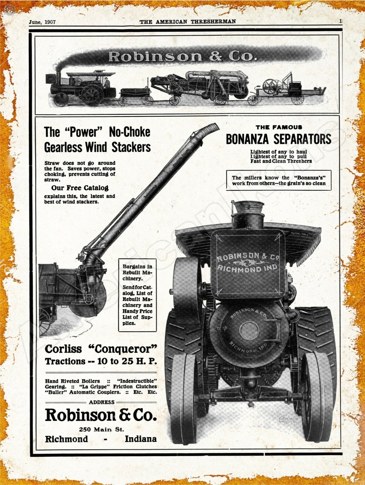 1907 Robinson Corliss Conqueror Traction Engine New Metal Sign: Richmond Indiana