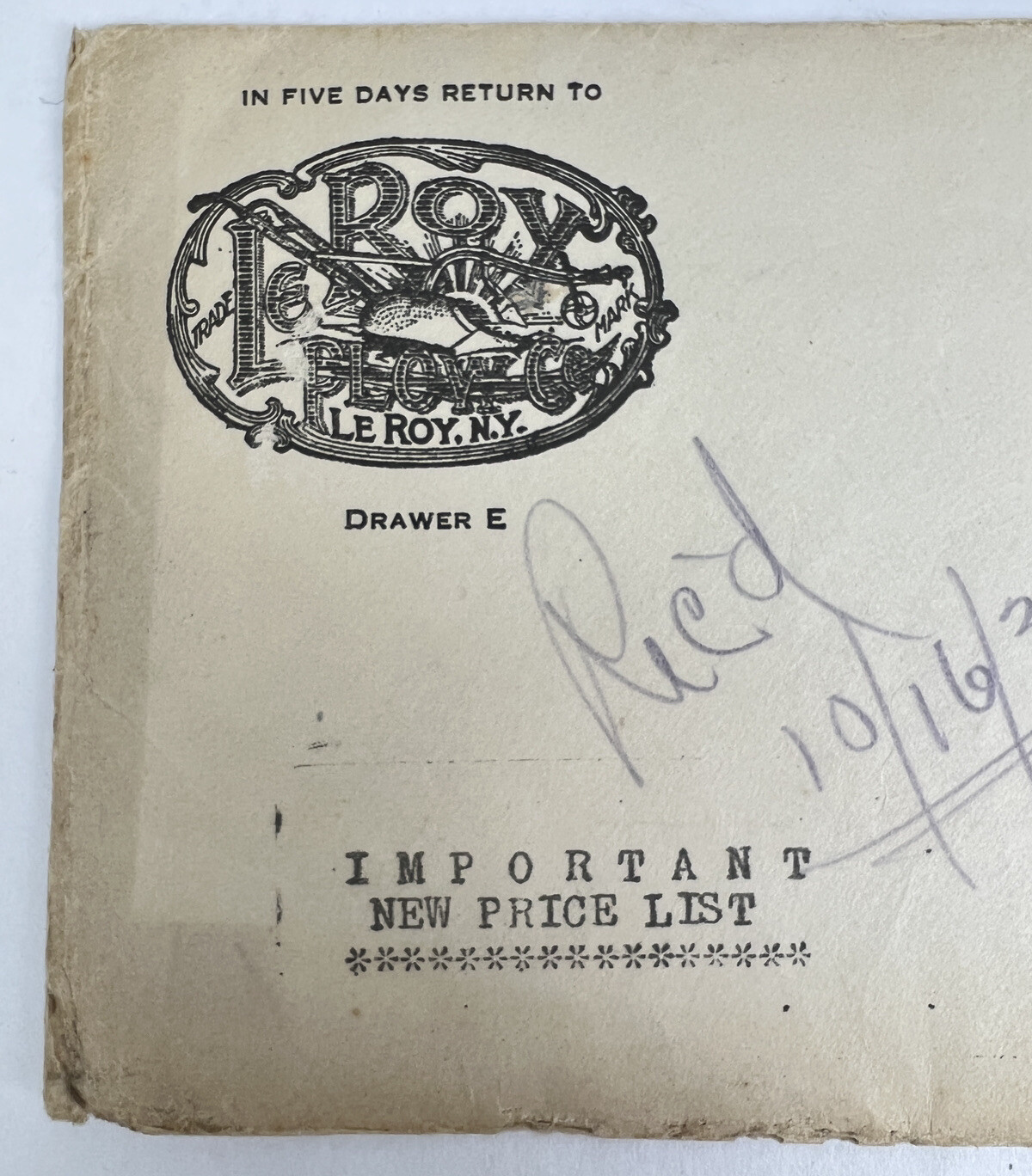 Le Roy Plow Co NY Advertising Cover Envelope POTATO PLANTER