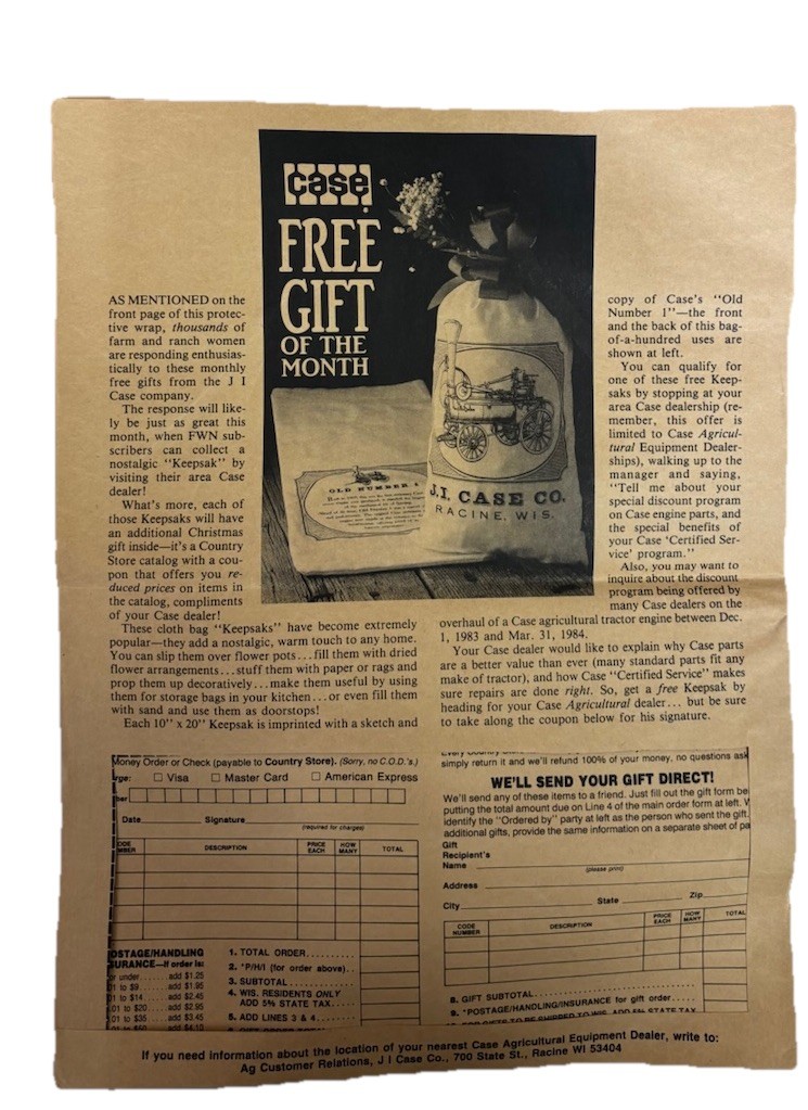 Vintage JI Case Keepsak Bag Racine Wis. Old No. 1 Train 1983 Farm Wife News