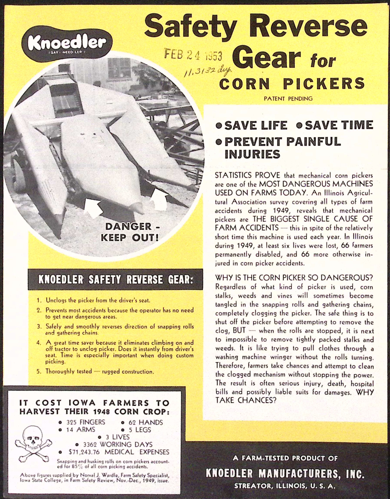 1953 Knoedler Safety Reverse Gear for Corn Pickers Corn Belt Burr Mill Brochure