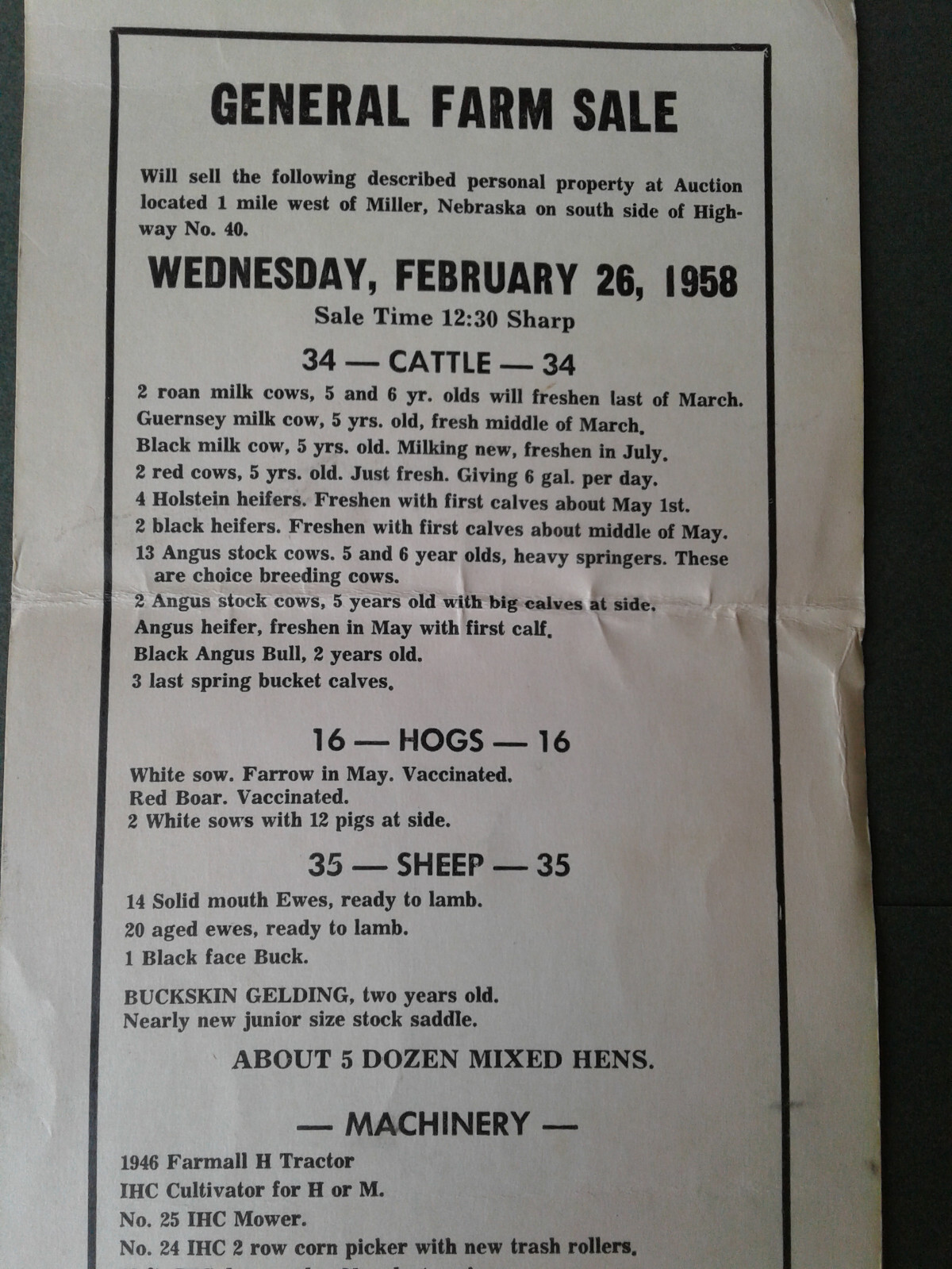 Miller Nebraska Advertising General Farm Sale bill from 1958.