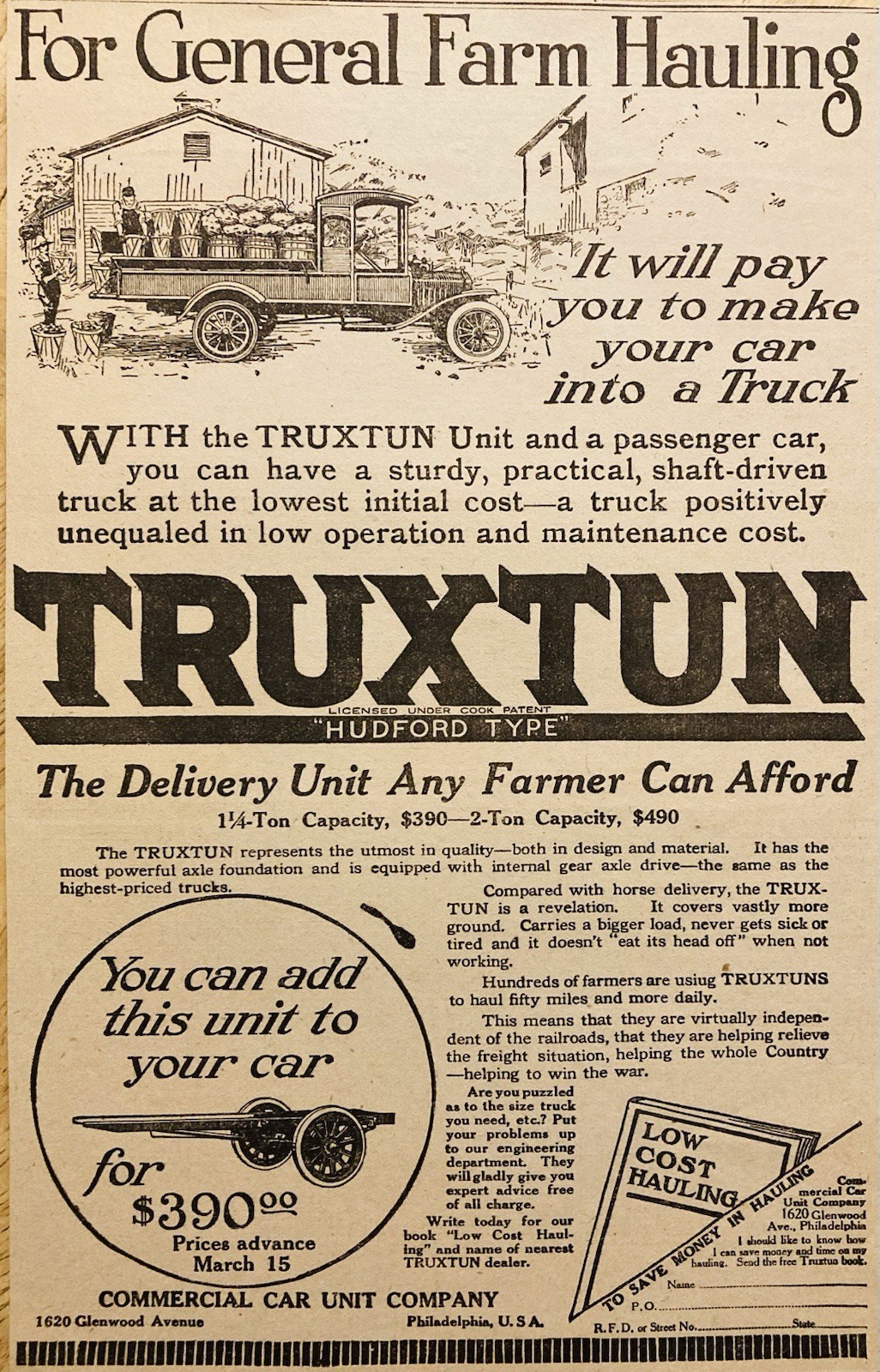 1918 AD.(XH85)~COMMERCIAL CAR UNIT CO. PHIL., PA. ADD ON TRUCK HAULING PLATFORM