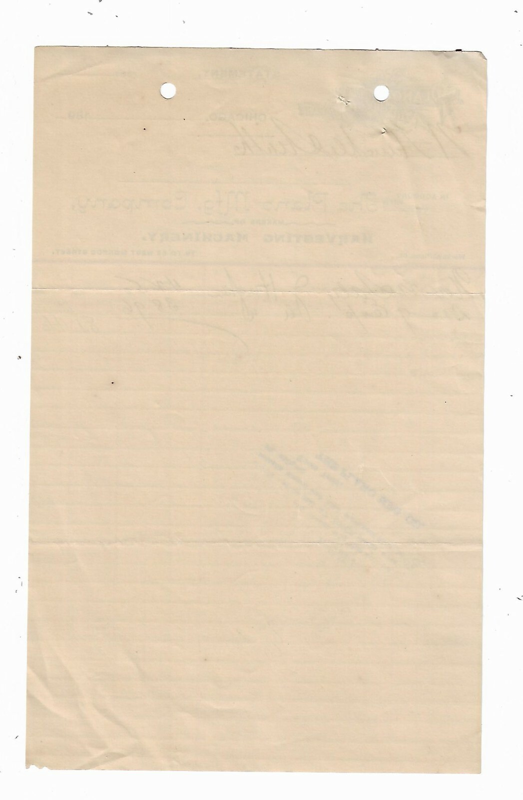 1890&rsquo;s Invoice Plano Mfg Company Harvesting Machinery Chicago Illinois Farming