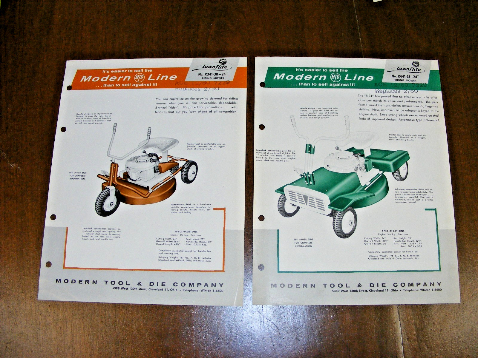 (2) 1960 MTD Riding Modern Line Mower Sales Spec Sheet Brochure