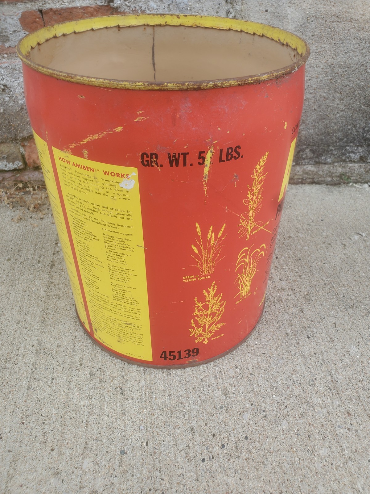 5 Gallon Metal Can Amiben Herbicide No Lid Soybean Weed Control Farm Decor #1
