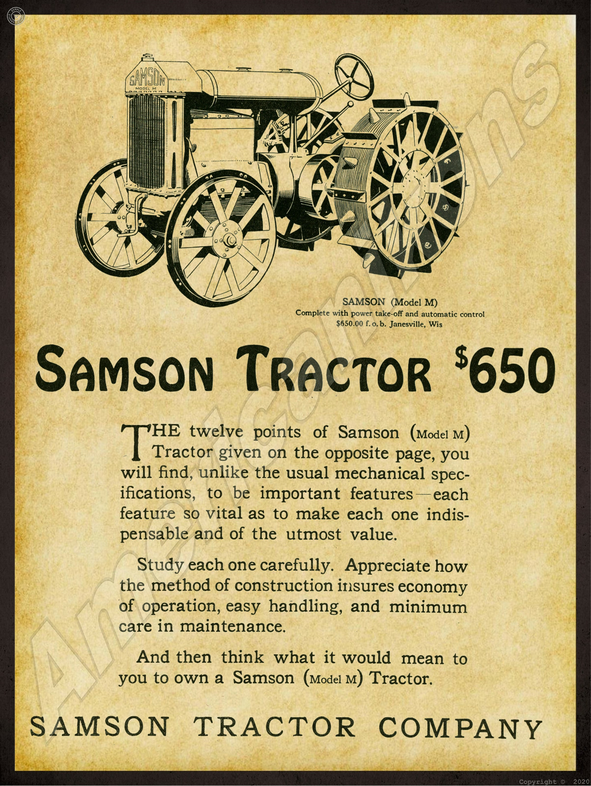 1919 Samson Tractors New Metal Sign: Model M – Janesville, Wisconsin