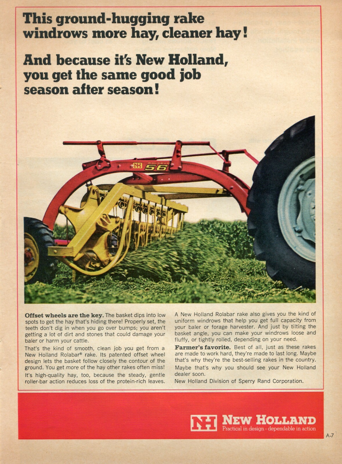 1967 Print Ad of Sperry Rand New Holland NH Model 56 Rolabar Tractor Rake