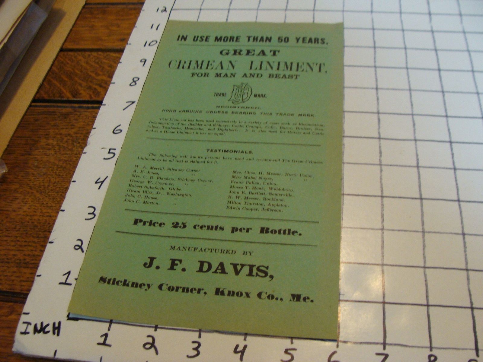 Vintage Early Paper: Great crimean liniment for Man or Beast J.F. DAVIS broadsid