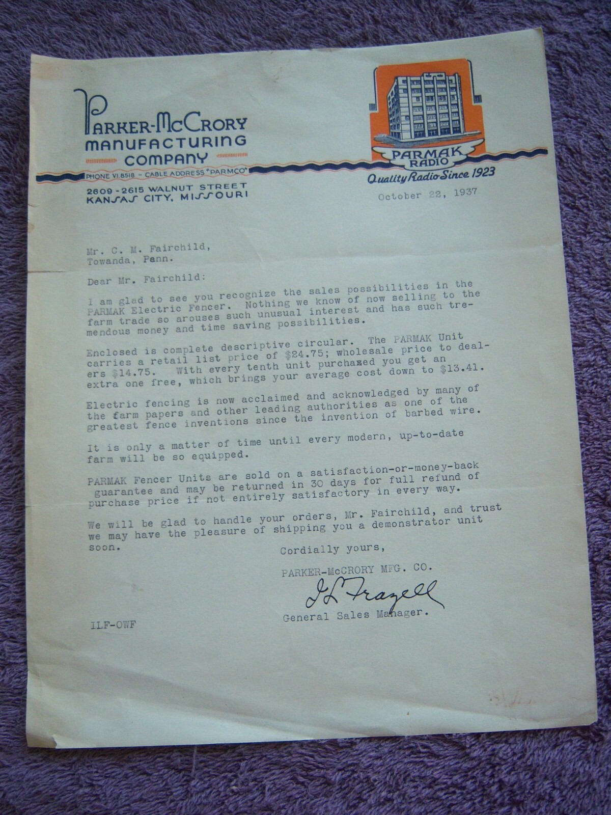 PARKER-McCRORY MANUFACTURING COMPANY ELECTRIC FENCING LETTERHEAD & ADVERTISEMENT