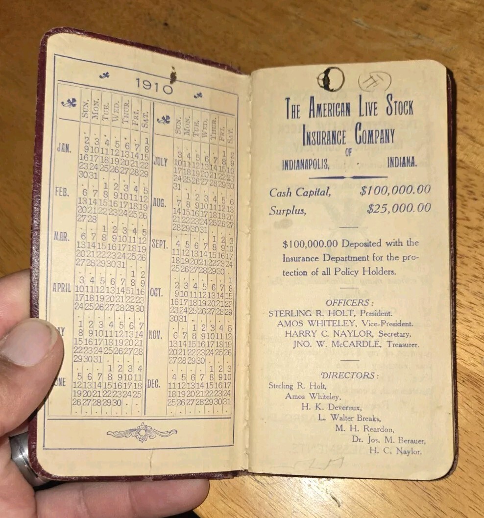 1910 / 1911 farmers ledger American Livestock Insurance Company Indianapolis In