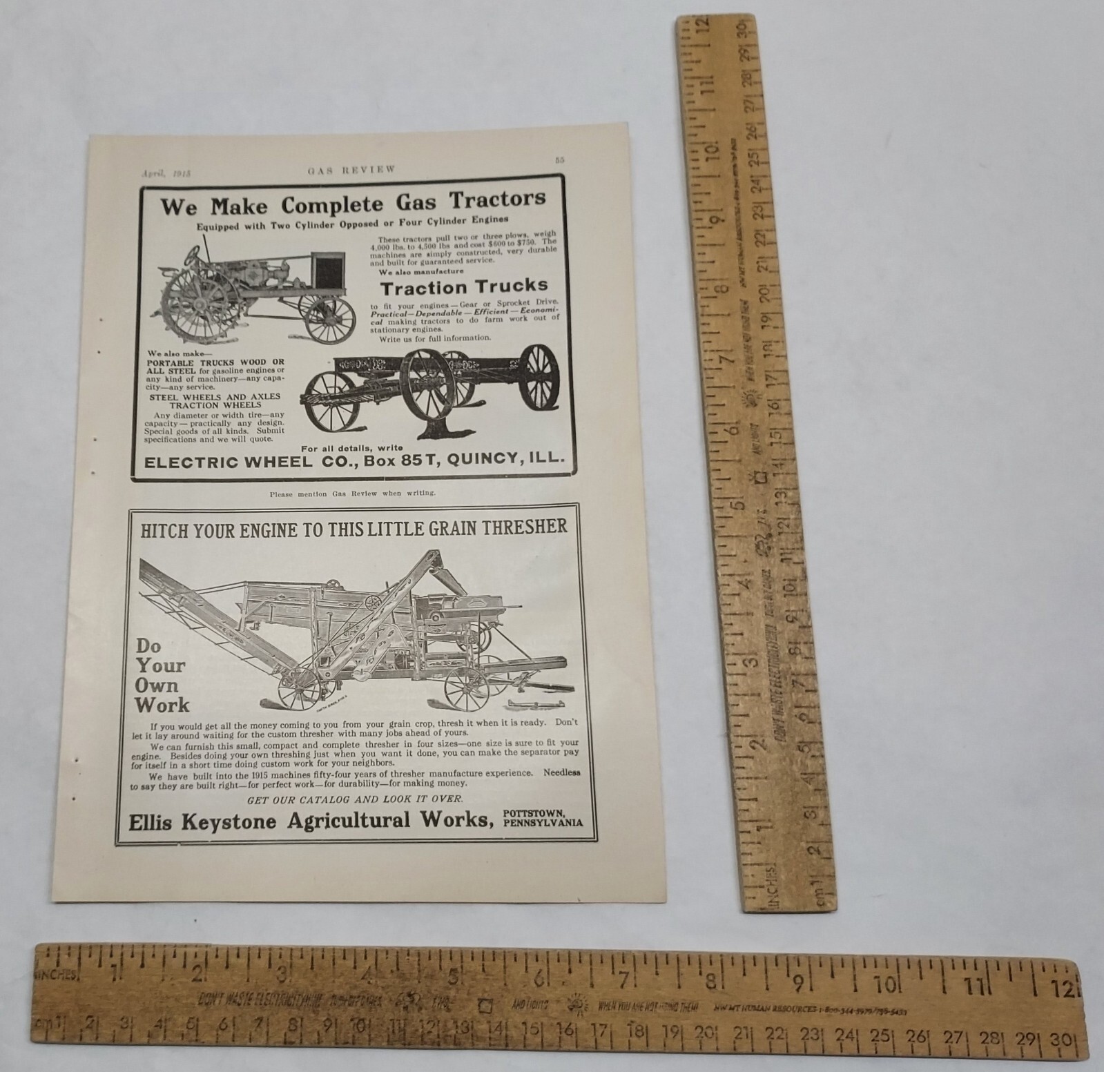 1915 – Ellis Keystone Ag Works – GRAIN THRESHER – magazine ad – listing #5892