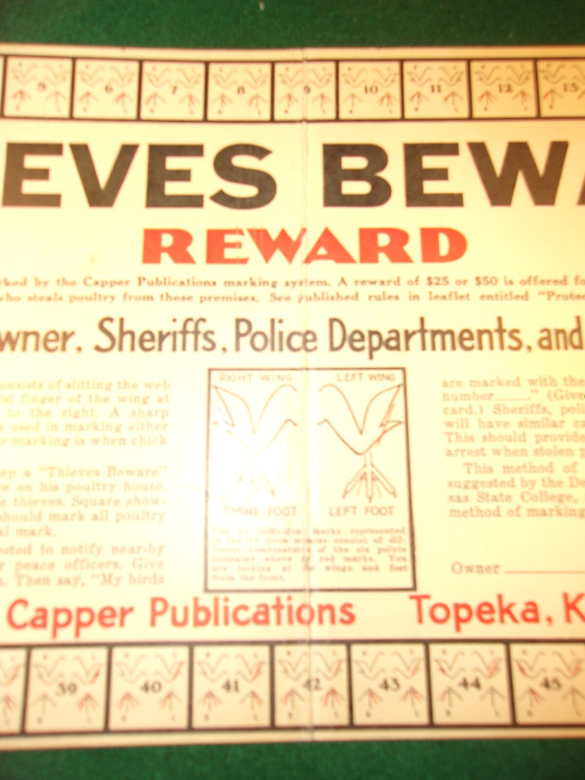 RARE OLD VTG ANTIQUE 1933 PLACARD: THIEVES BEWARE, REWARD (FOR POULTRY THEFT)
