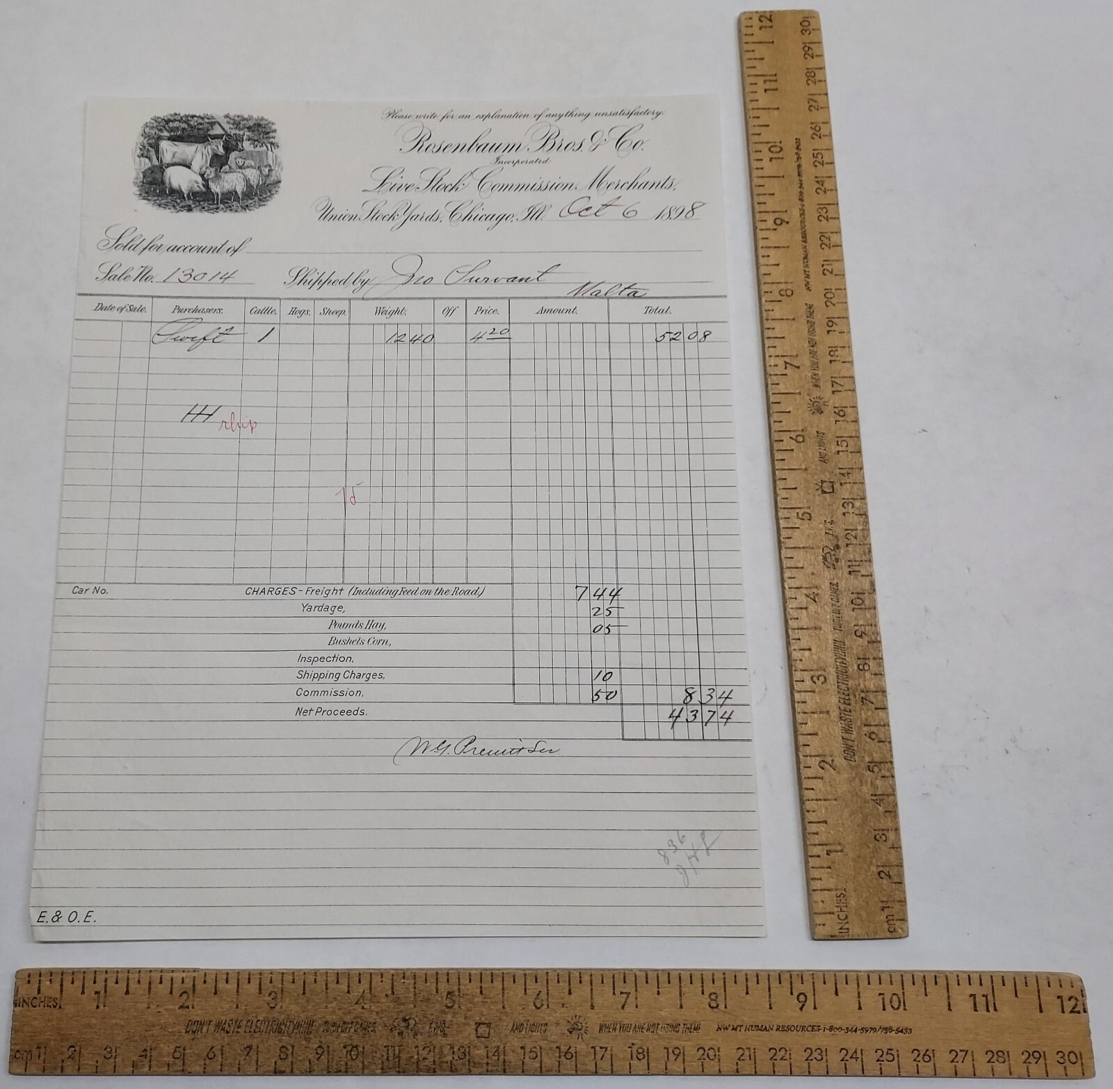 1898 ROSENBAUM BROS & CO Live Stock Commission Merchants RECEIPT – listing #7445