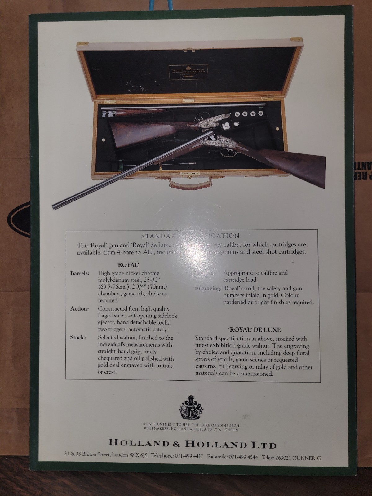 The Holland and Holland Royal London 1990’s Trifold Advertising Brochure