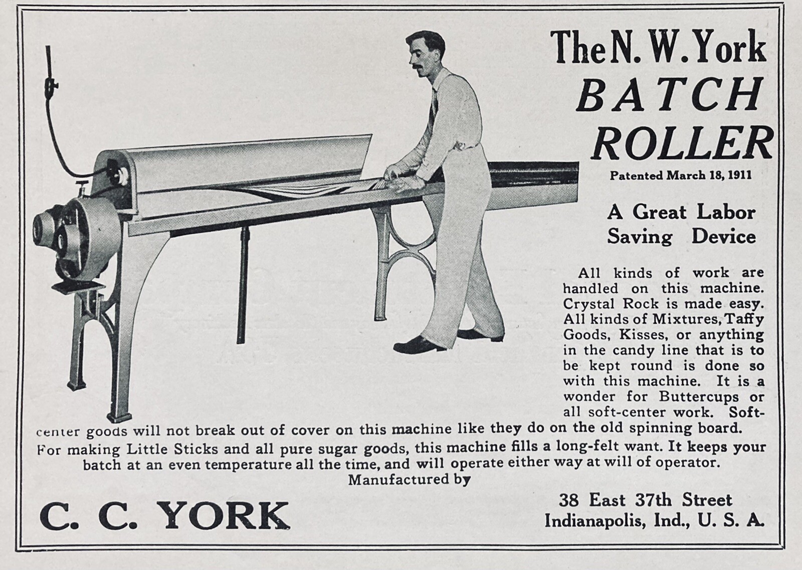 1926 AD(XH33)~C.C. YORK CO. INDIANAPOLIS, IND. CANDY MAKING BATCH ROLLER MACHINE