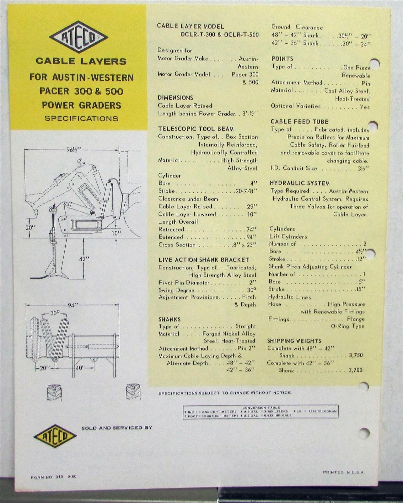 1966 ATECO Cable Layer T300 T500 Tractor Construction Specs Sales Data Sheet
