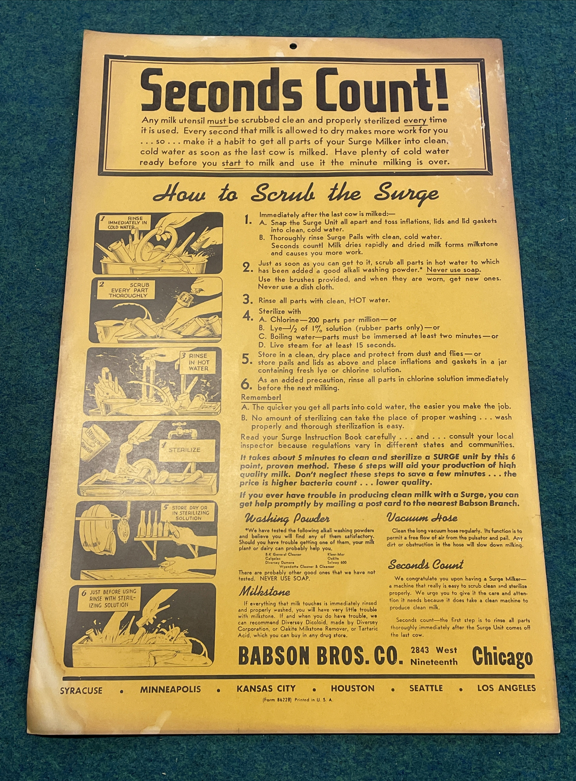 VTG Babson Bros. “SECONDS COUNT” Milking Equipment Sterilization 22”x14” Poster