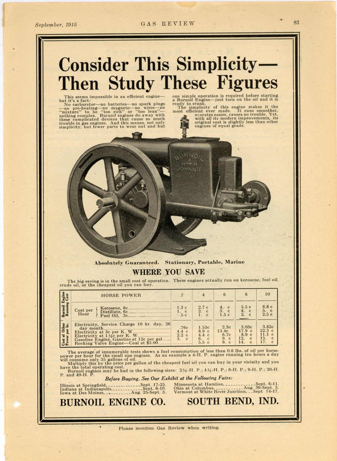 1915 Burnoil Engines Ad: 4hp Johnnie Model – South Bend, Indiana