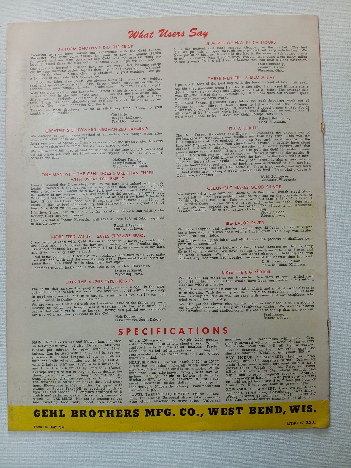GEHL FARM FORAGE HARVESTER BROCHURE DEALER Advertising