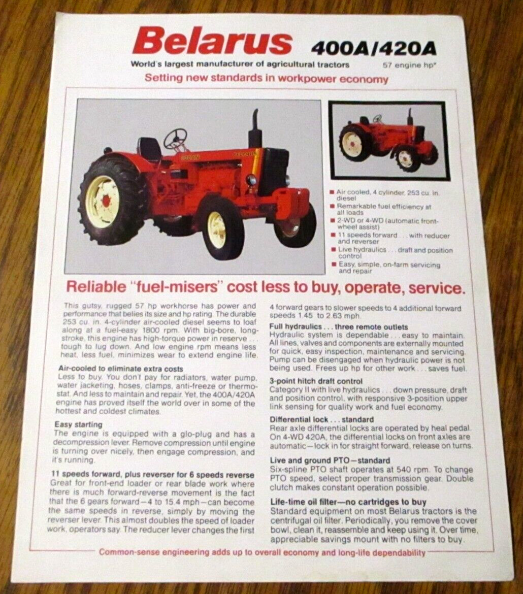 Belarus 400A & 420A Tractors Dealer Spec Sheet Sales Literature Sales Brochure