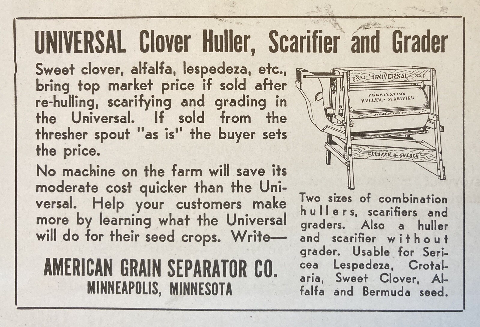 1938 AD.(XF22)~AMERICAN GRAIN SEPARATOR CO. MINNEAPOLIS, MINN. CLOVER HULLER