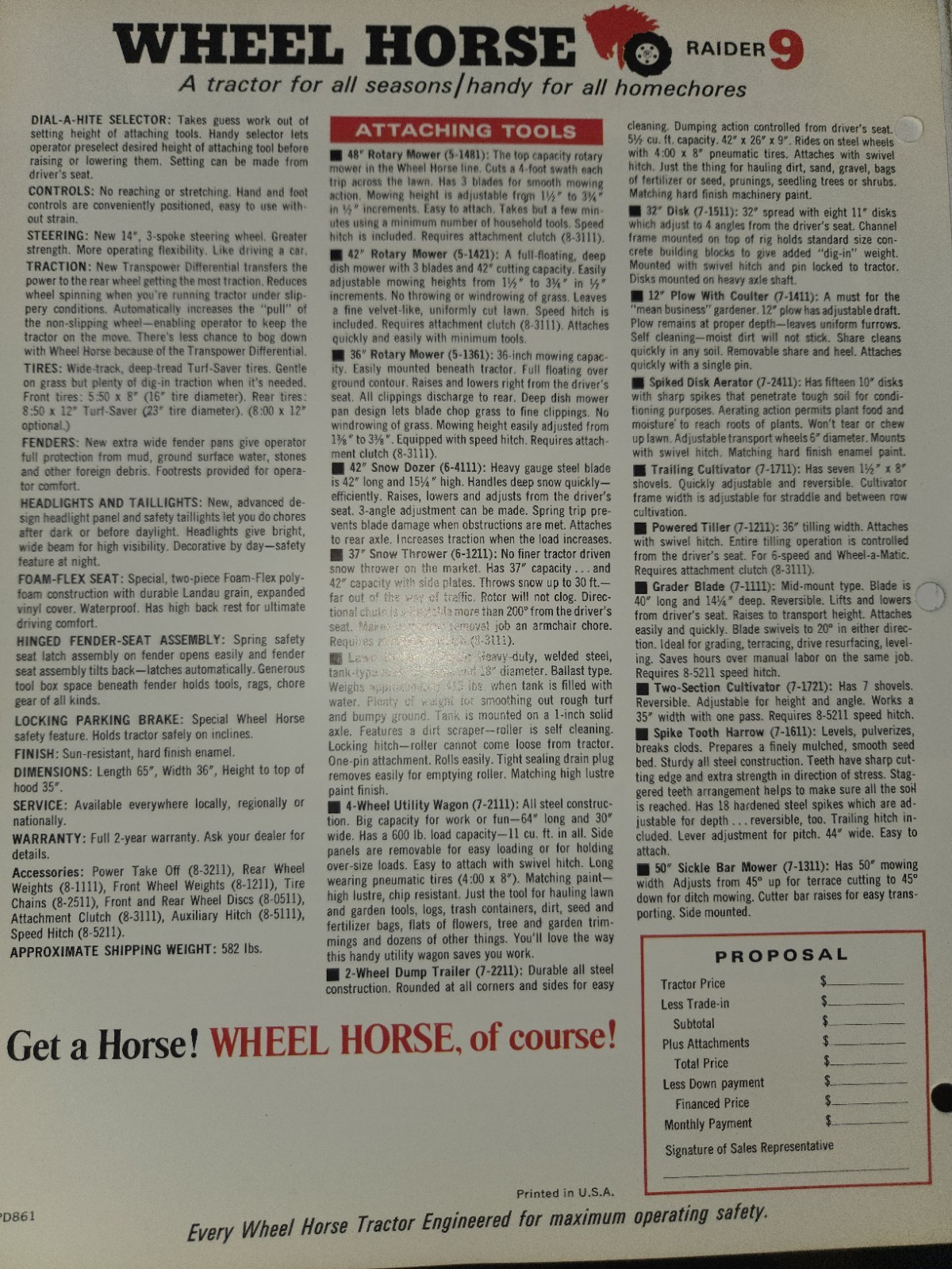 1960s WHEEL HORSE RAIDER 9 DEALER AD WITH SPECIFICATIONS DOUBLE SIDED