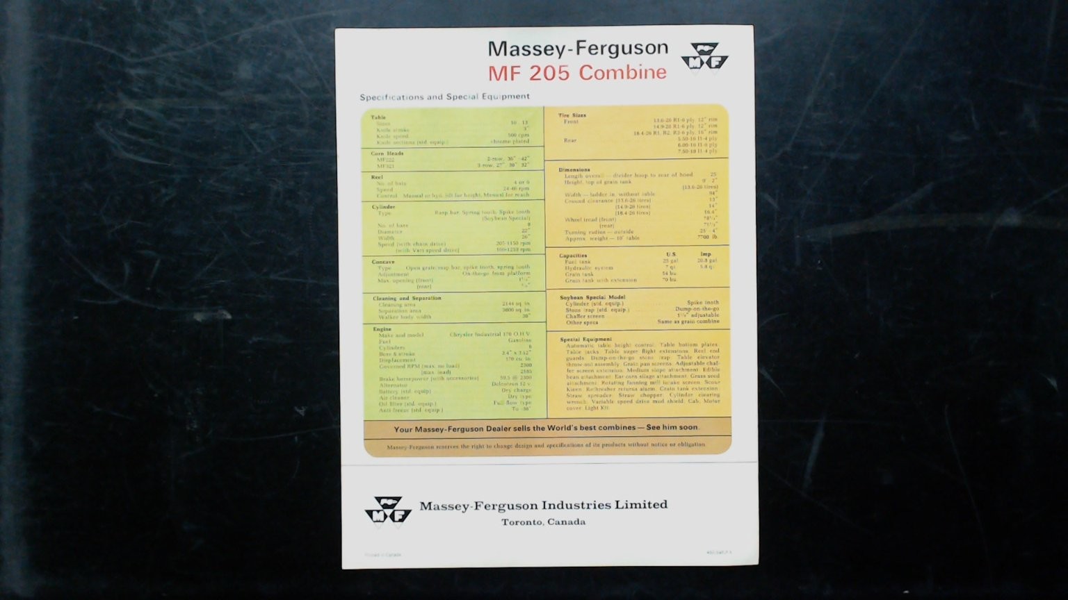 Massey-Ferguson MF 205 Combine Vintage Agricultural Brochure Toronto Canada