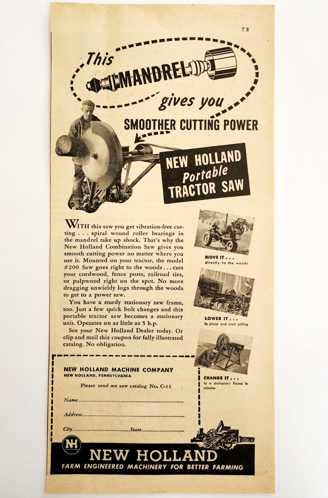 1947 New Holland Mandrel Tractor Saw Advertisement Farming Agriculture DWNN18