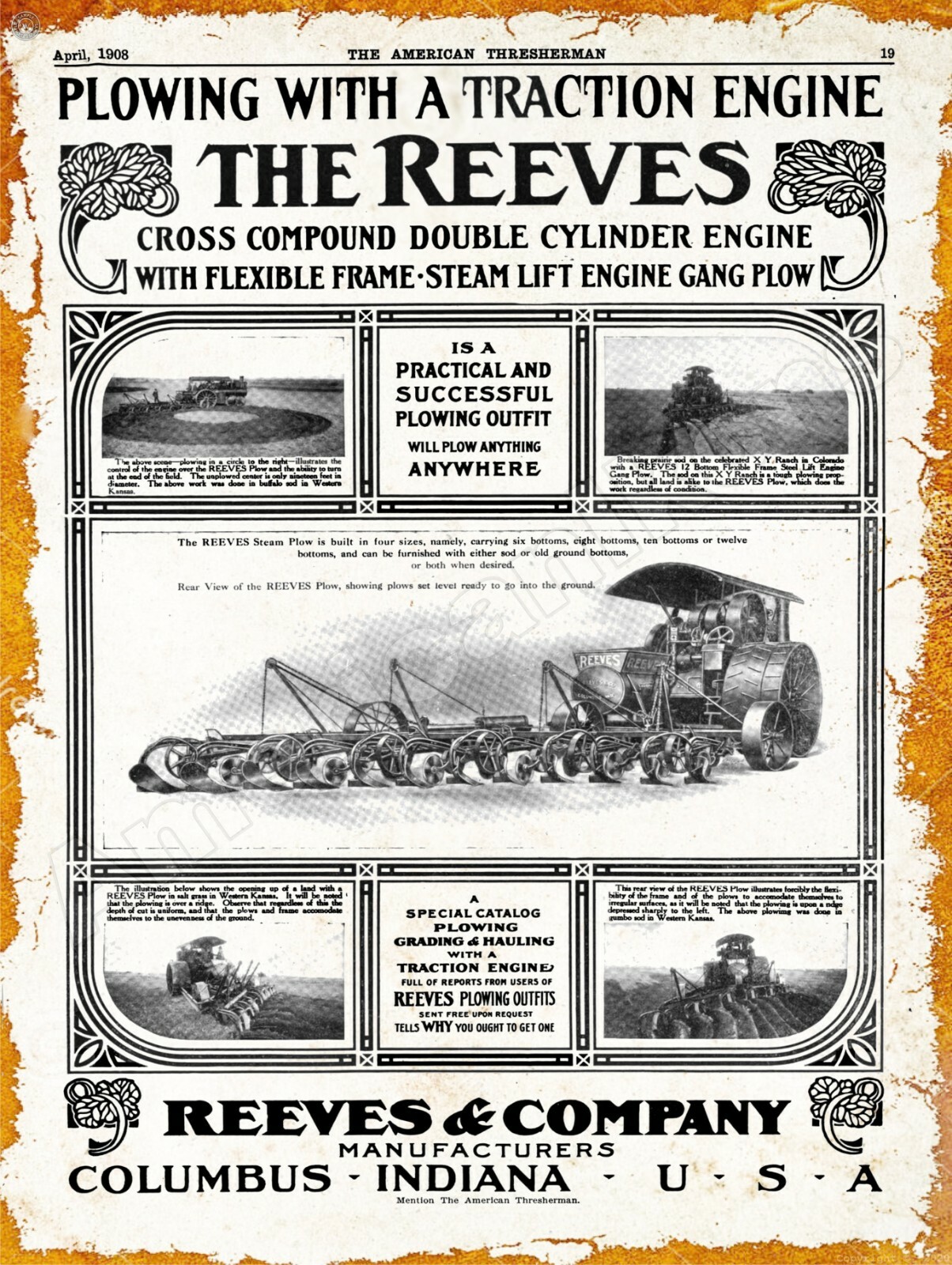 1908 Reeves & Co. Compound Traction Engine New Metal Sign: Columbus, Indiana