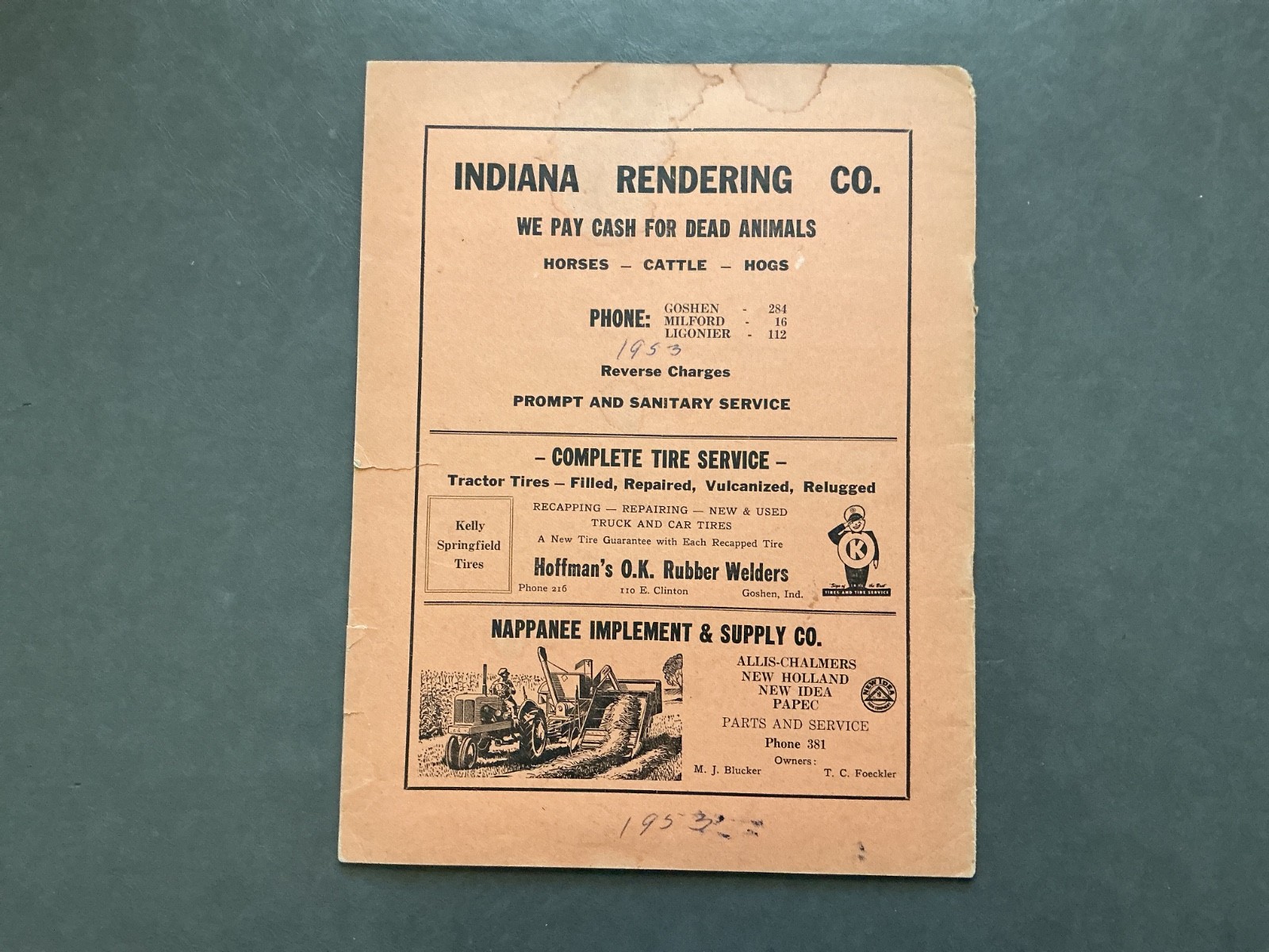 1952 Farm Acct. Record Book – Wakarusa Plumbing & Heating, New Paris, Indiana