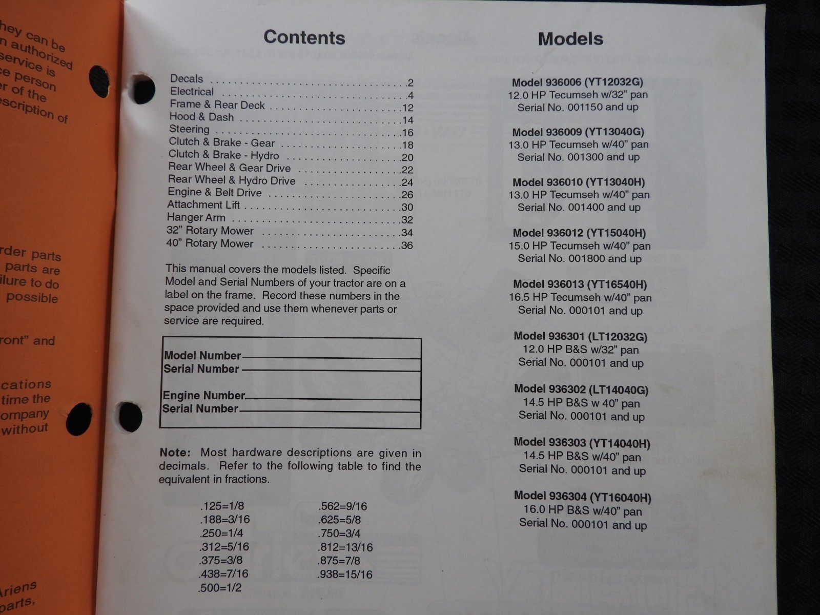 GENUINE ARIENS SIERRA 936 SERIES LAWN TRACTOR PARTS CATALOG MANUAL MINTY 1995