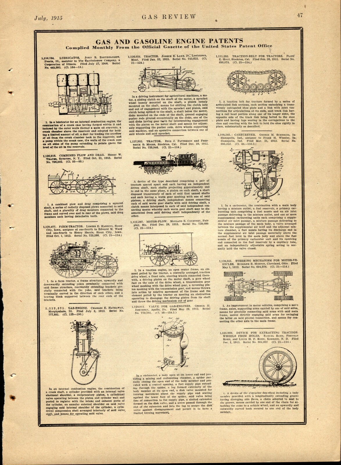 1915 Gas Engine Patents Page from Gas Review Magazine: 12 Different Patent Pics