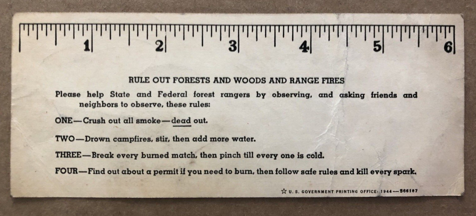 Vintage 1944 PREVENT FOREST FIRES Ruler Ohio Division Forestry US Agriculture
