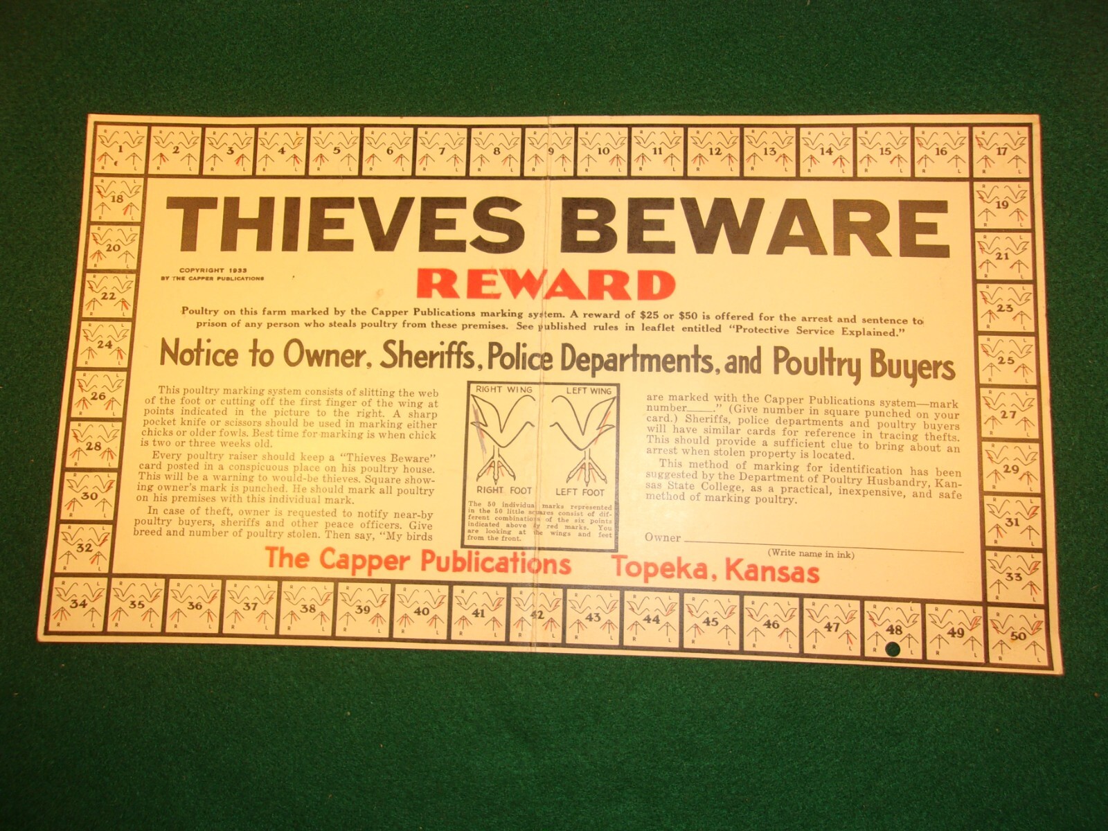 RARE OLD VTG ANTIQUE 1933 PLACARD: THIEVES BEWARE, REWARD (FOR POULTRY THEFT)