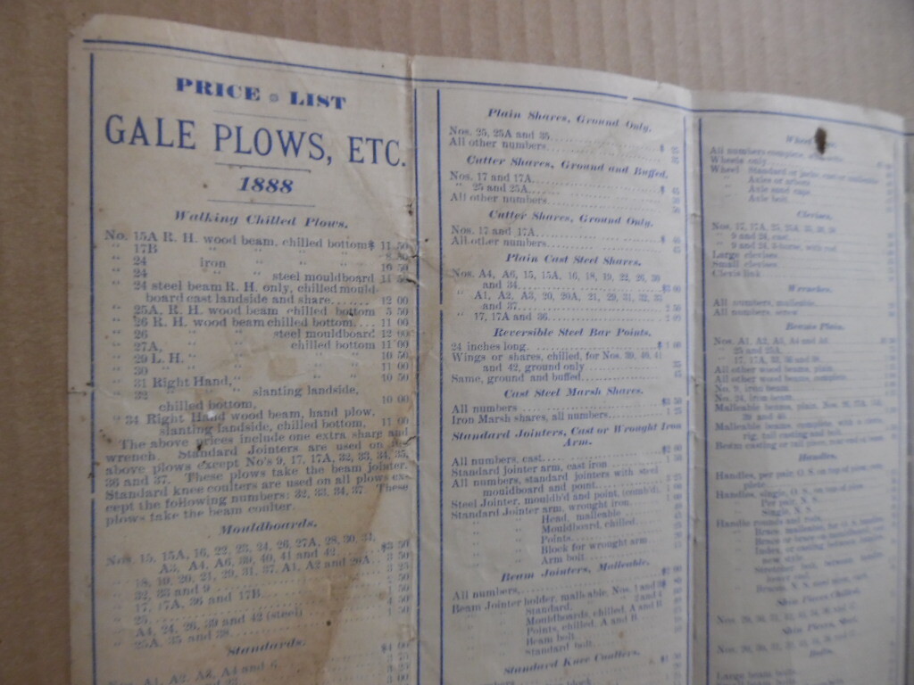 1888 Gale Plow Co Retail Price List Big Injun Sulky More Albion Michigan Antique