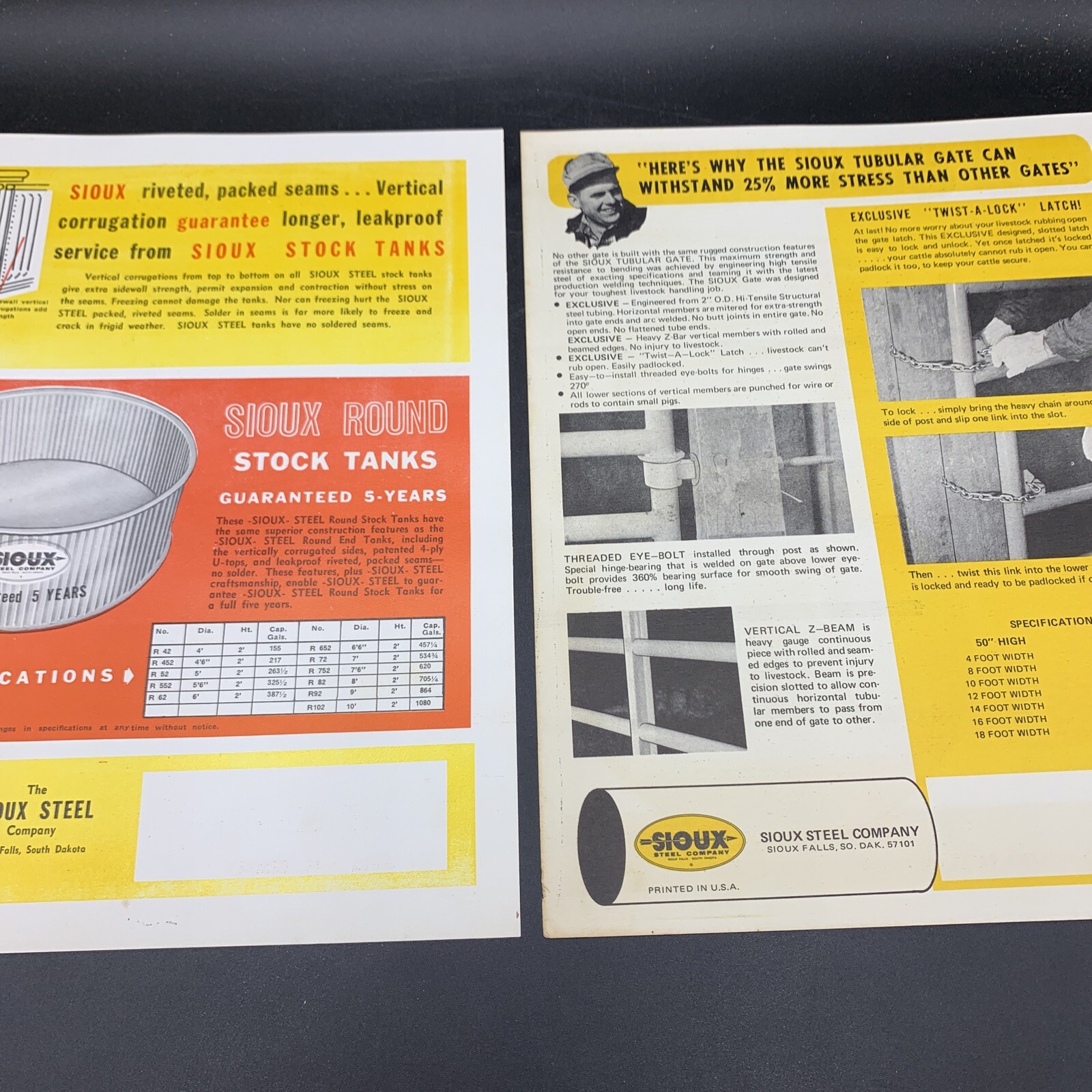 Pair 1950’s Sioux Steel Company Sales Brochures-Stock Tank/Tubular Gates
