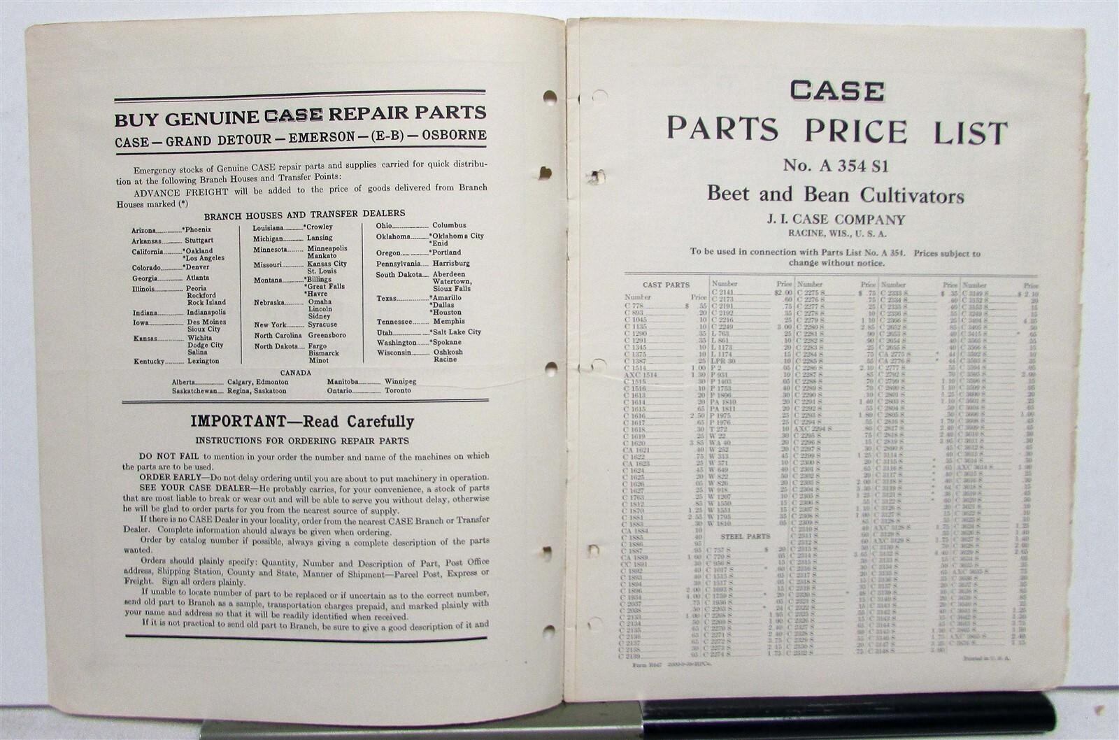 1910s Case Beet&Bean Cultivator Specs Farming Construction Parts List