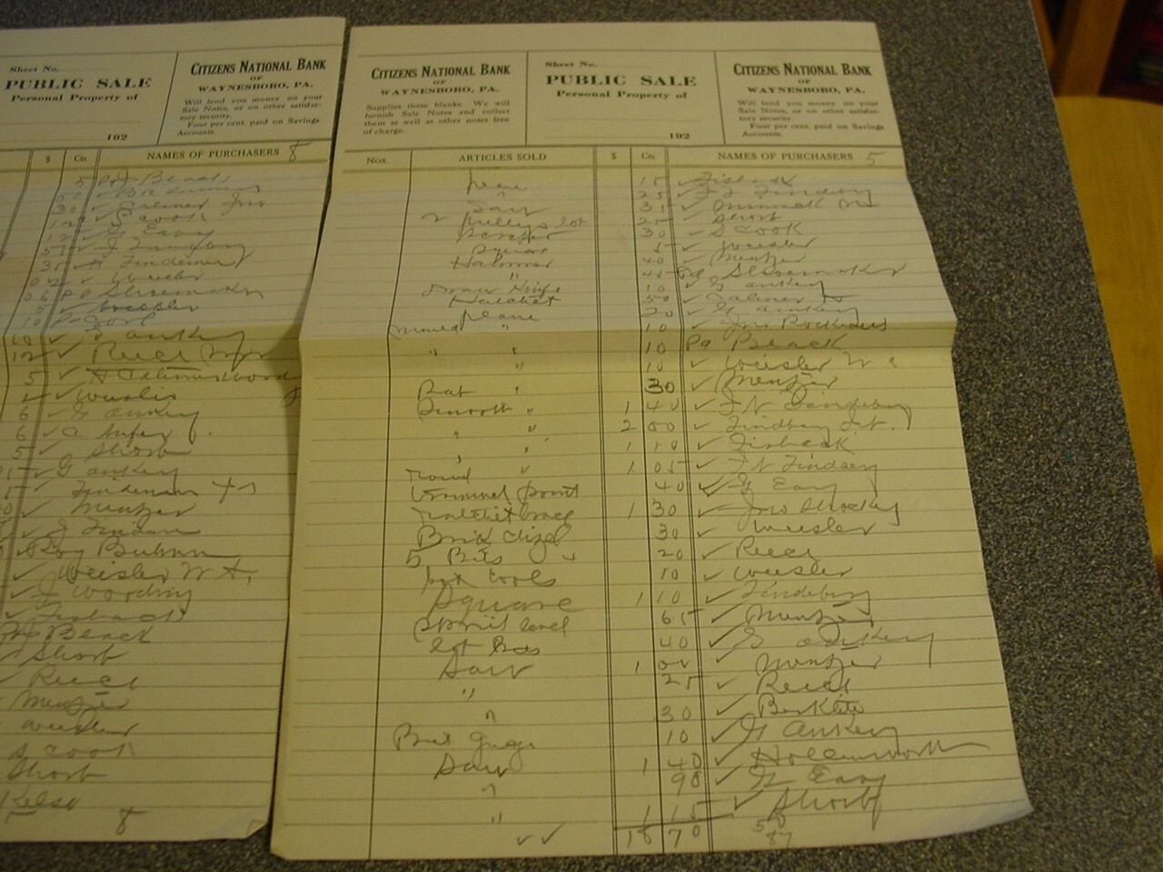 ANTIQUE 1920&rsquo;s PUBLIC SALE Personal List Citizens Bank National Waynesboro PA