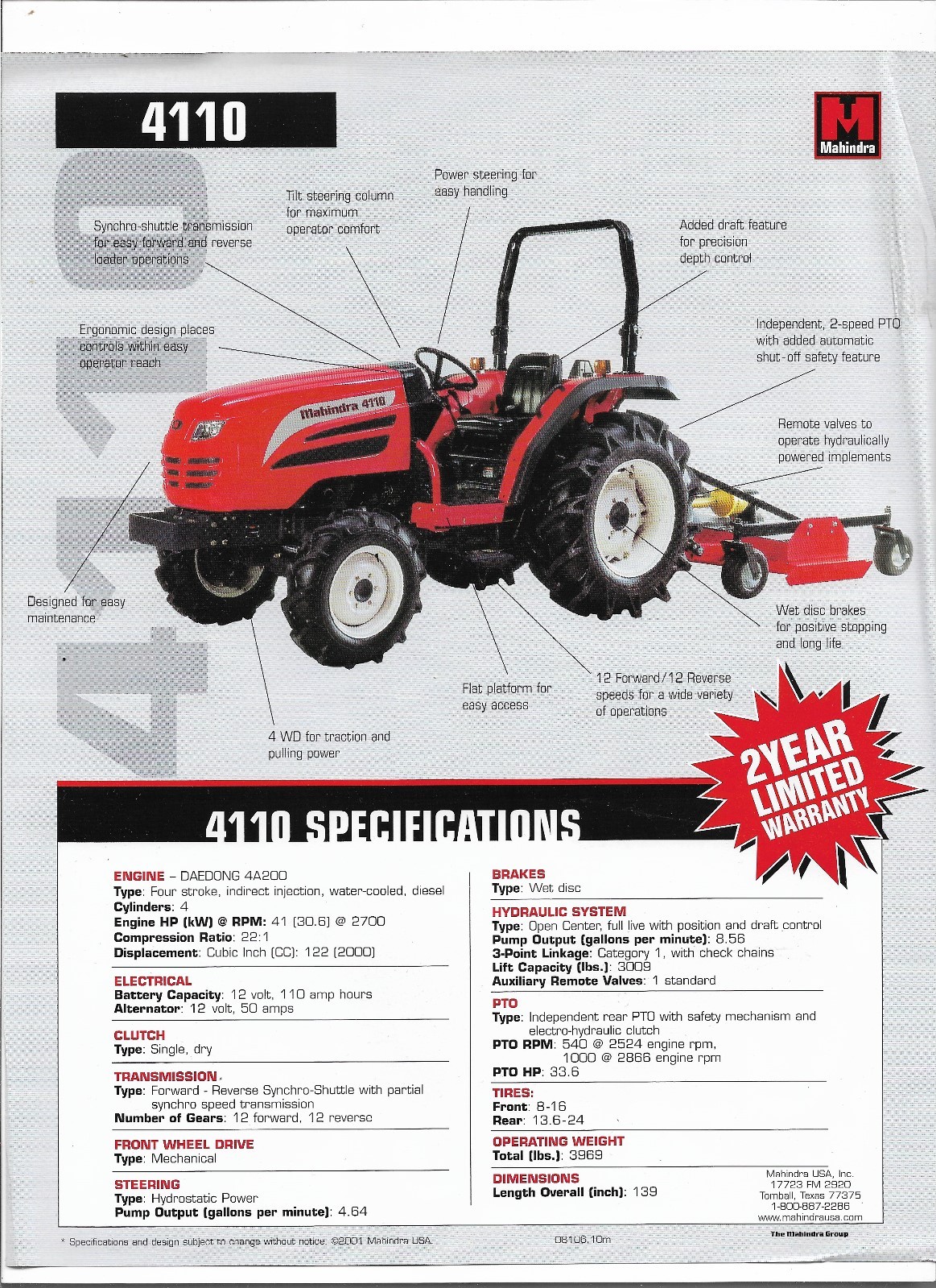 Original OE OEM Mahindra 4110 Tractor Sales Brochure Spec Specifications Sheet