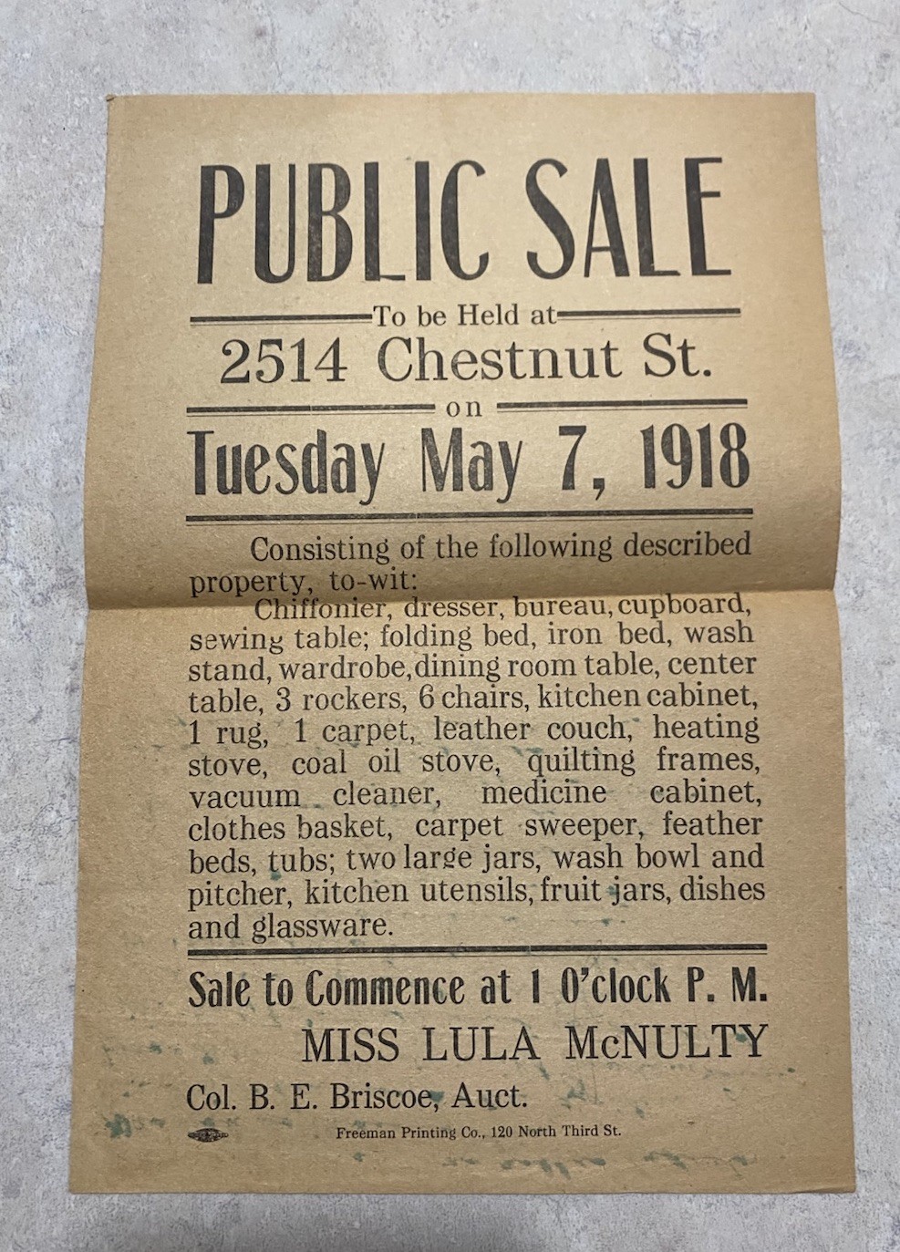 VTG 1918 Lula Mcnulty Pike County Missouri Auction Flyer Freeman Printing BG